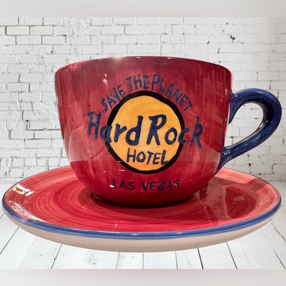 Hard Rock Hotel Las Vegas “Save the Planet” Big Cup & Saucer Set-Maroon & Blue